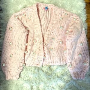 Sugar Thrillz Pink Cropped Cardigan Sweater with Pearls- Size XS/Small